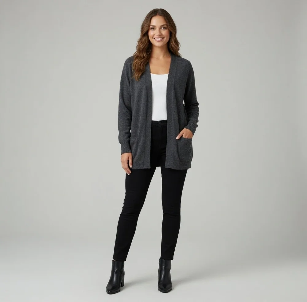 Knit Best Charcoal Grey Cotton Open Front Cardigan Long Blazer Women M VG